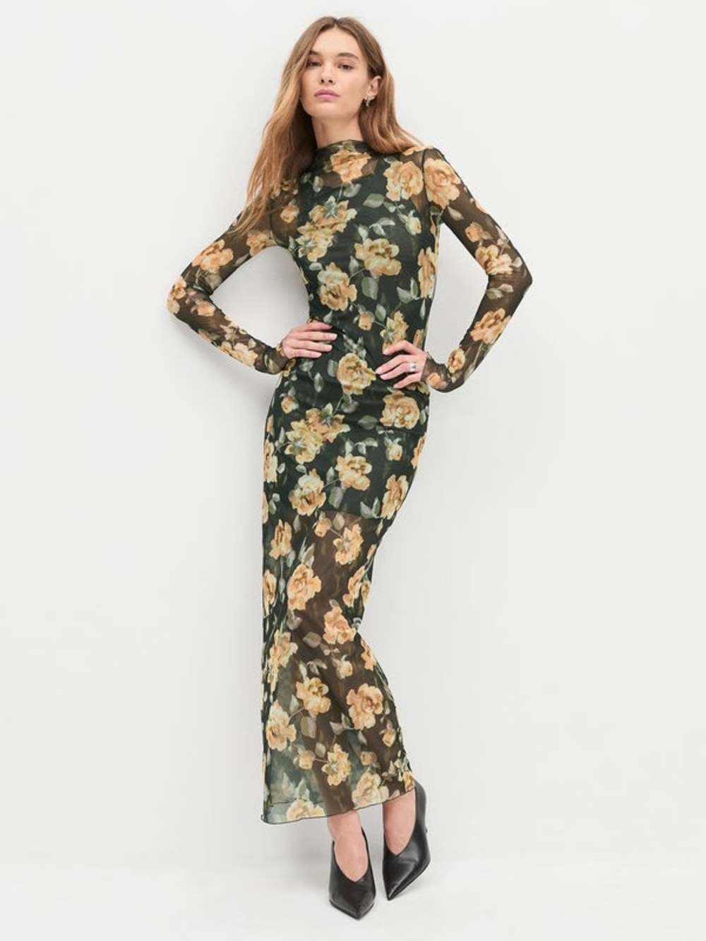 Favorite Daughter Gold Floral Sheer Long Sleeve Mock Neck Maxi Fantasy Dress M